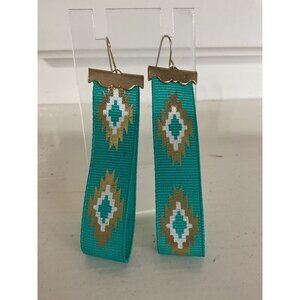 Turquoise & Gold Southwestern Aztec Style Ribbon Earrings With Hook Backings